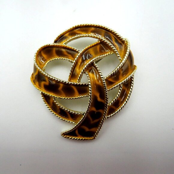 Vintage Brooch Imitation Tortoiseshell  Enamel Gold Tone Knot 2" Pin - Picture 1 of 7